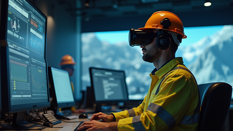 Eye-level view of a geologist using virtual reality headset in a mining control room