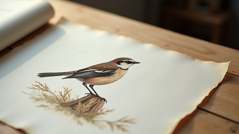 High angle view of detailed bird print on textured paper