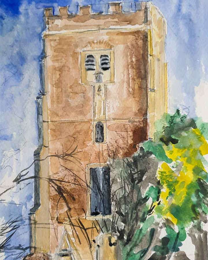 Watercolour painting of Newport Cathedral, South Wales, perched on a hill under a soft sky, surrounded by greenery, with the church tower visible.