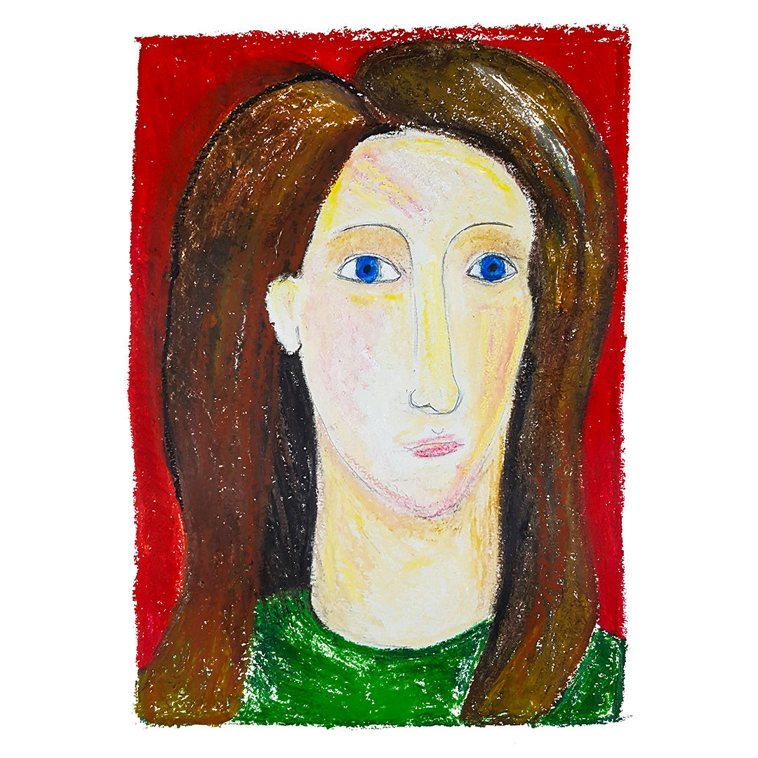 A picture of a girl looking to the right with brown hair and blue eyes.