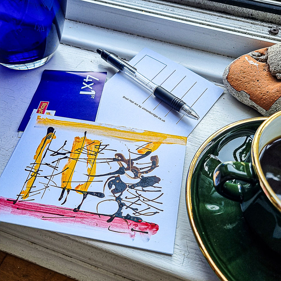 Postcard‑sized acrylic‑gouache drawing on white card: lively brown calligraphic lines “dancing” with bold yellow vertical str