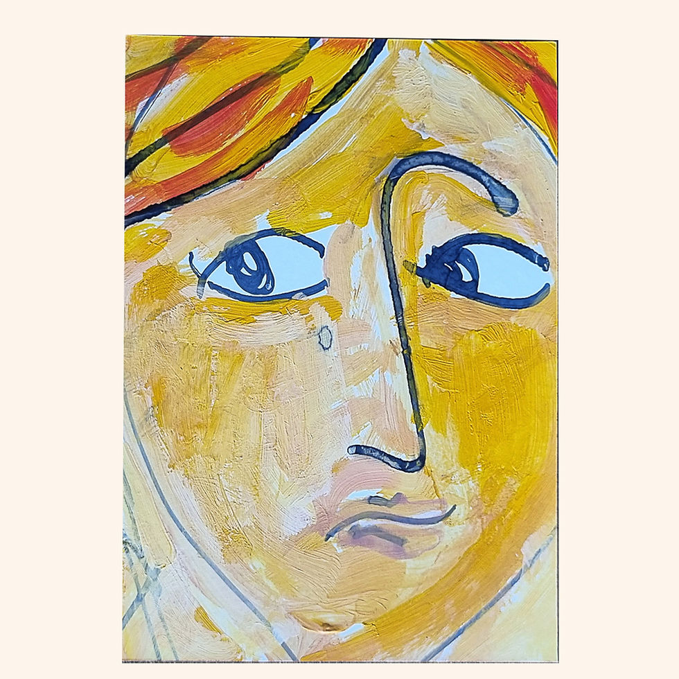 A small acrylic‑gouache portrait on card showing a yellow‑toned girl facing left, wide‑eyed with gentle apprehension; bold da