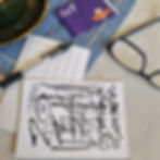 Black acrylic‑gouache line drawing on white postcard: dense overlapping strokes and loops forming an abstract suggestion of a