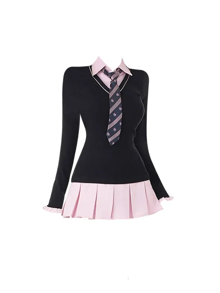 Winter Mini Black Pink Preppy Style Sweet Dress Women Long Sleeve Tie Fake Two P