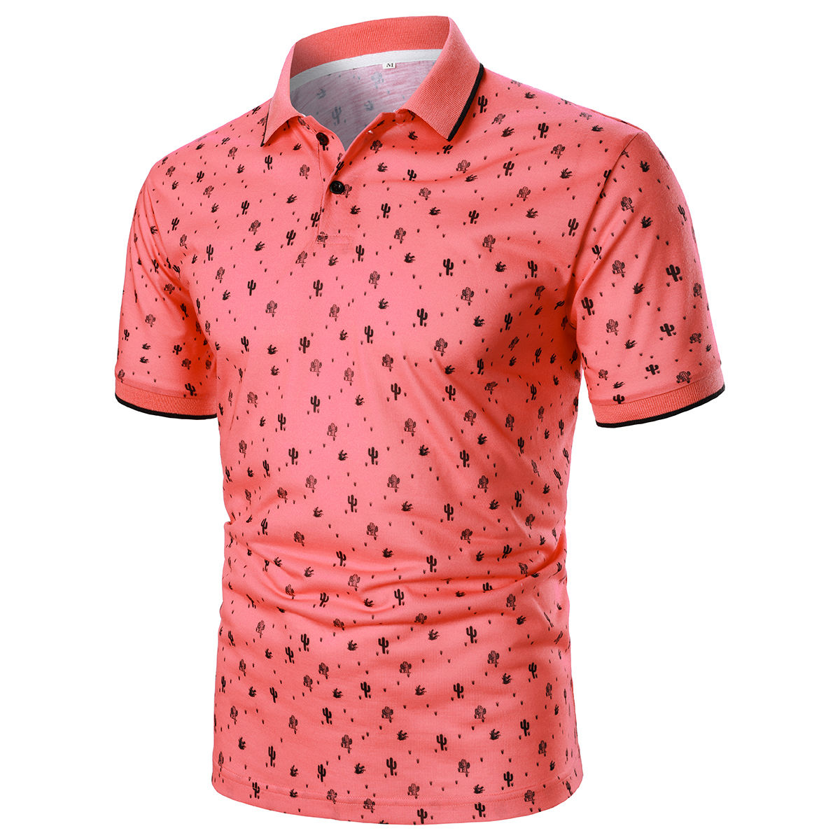 Men Short Sleeve Polo Shirt Cactus Print Pattern Men Fashion Casual Streetwear M
