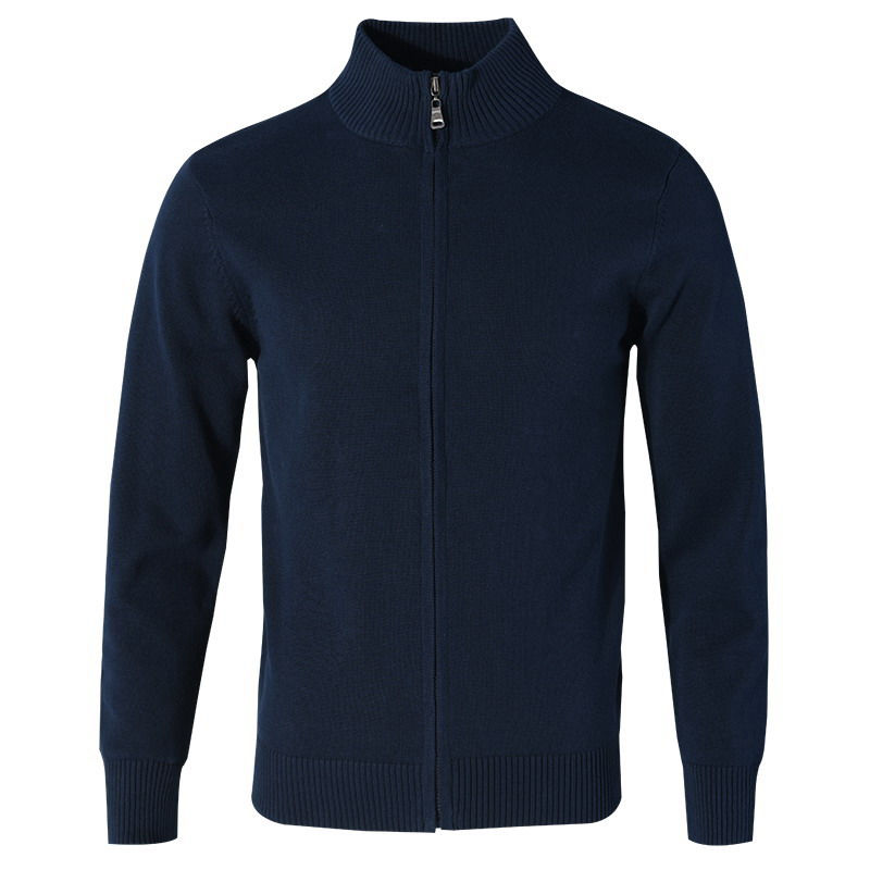 Thumbnail: 100% Cotton Autumn Winter Mens Zipper Cardigan Fit Sweaters Solid Color Knitted 