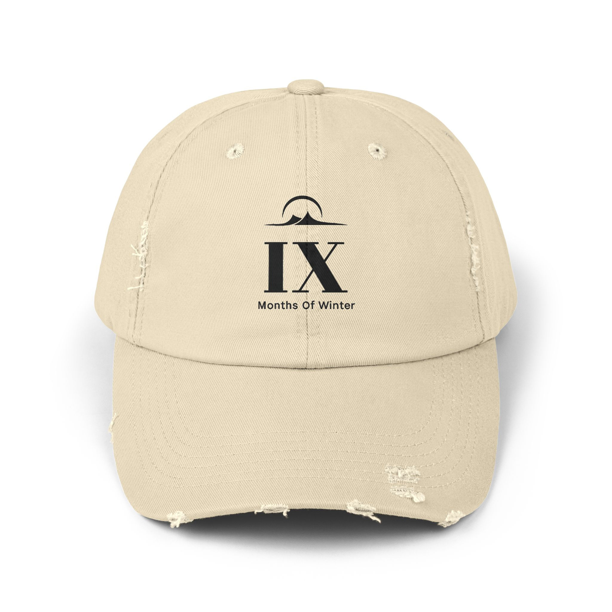 NI=NE Distressed Baseball Cap — IX Months of Winter Embroidered Logo