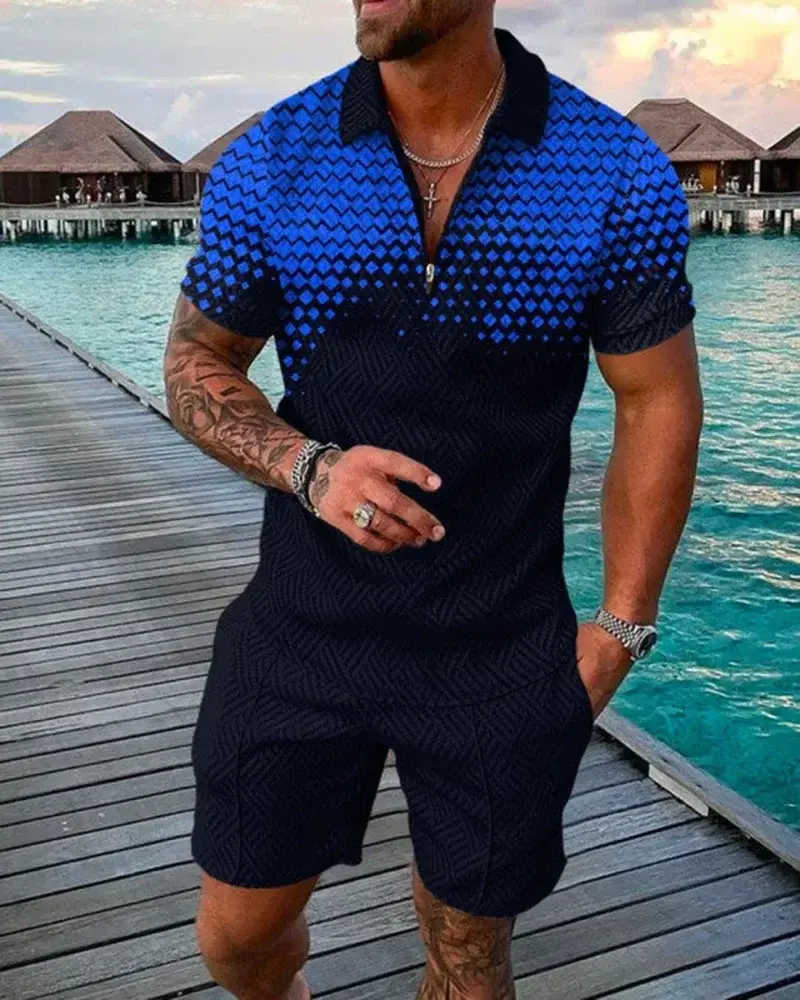 Thumbnail: New 3D Digital Printed Men's Fashion Casual Sets Short Sleeve Polo Shirt and Sho