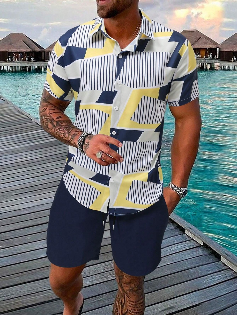 Thumbnail: Summer Men Shirt Sets 3D Printed Vintage Stripe stitching Short Sleeve Casual Sh