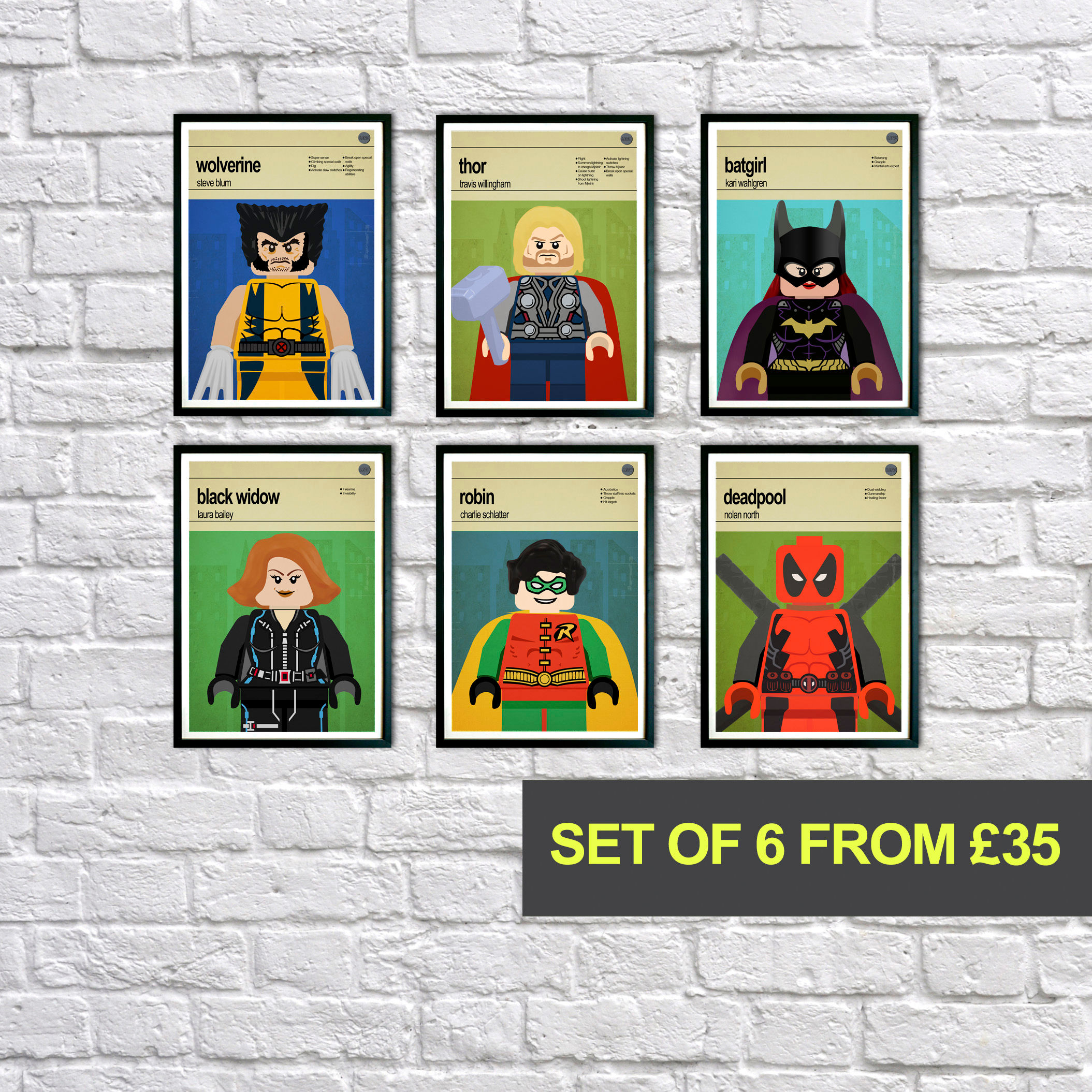 Set of 6 Lego Superhero Wall Art Posters, Set of 6 Superhero Posters for Kids
