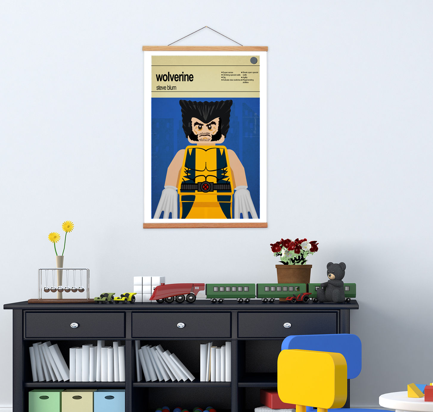 Wolverine Canvas Print and Wooden Hangers, A5/A4, Kids Superhero Themed Bedroom