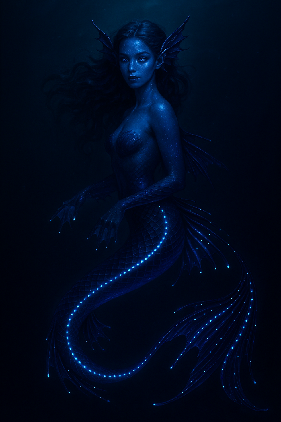 Turquoise book with a gold mermaid design on cover, titled " on a brown book, dimly lit setting.
