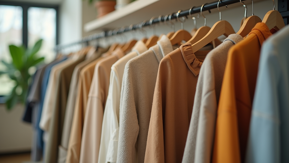 Eye-level view of a clothing rack displaying eco-friendly fashion items