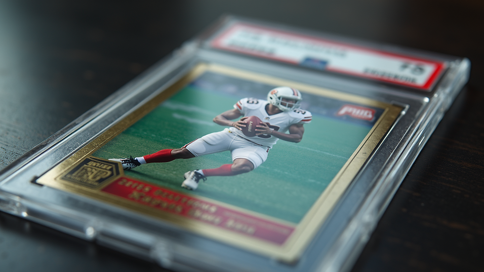 High angle view of a graded sports card slab with a holographic label
