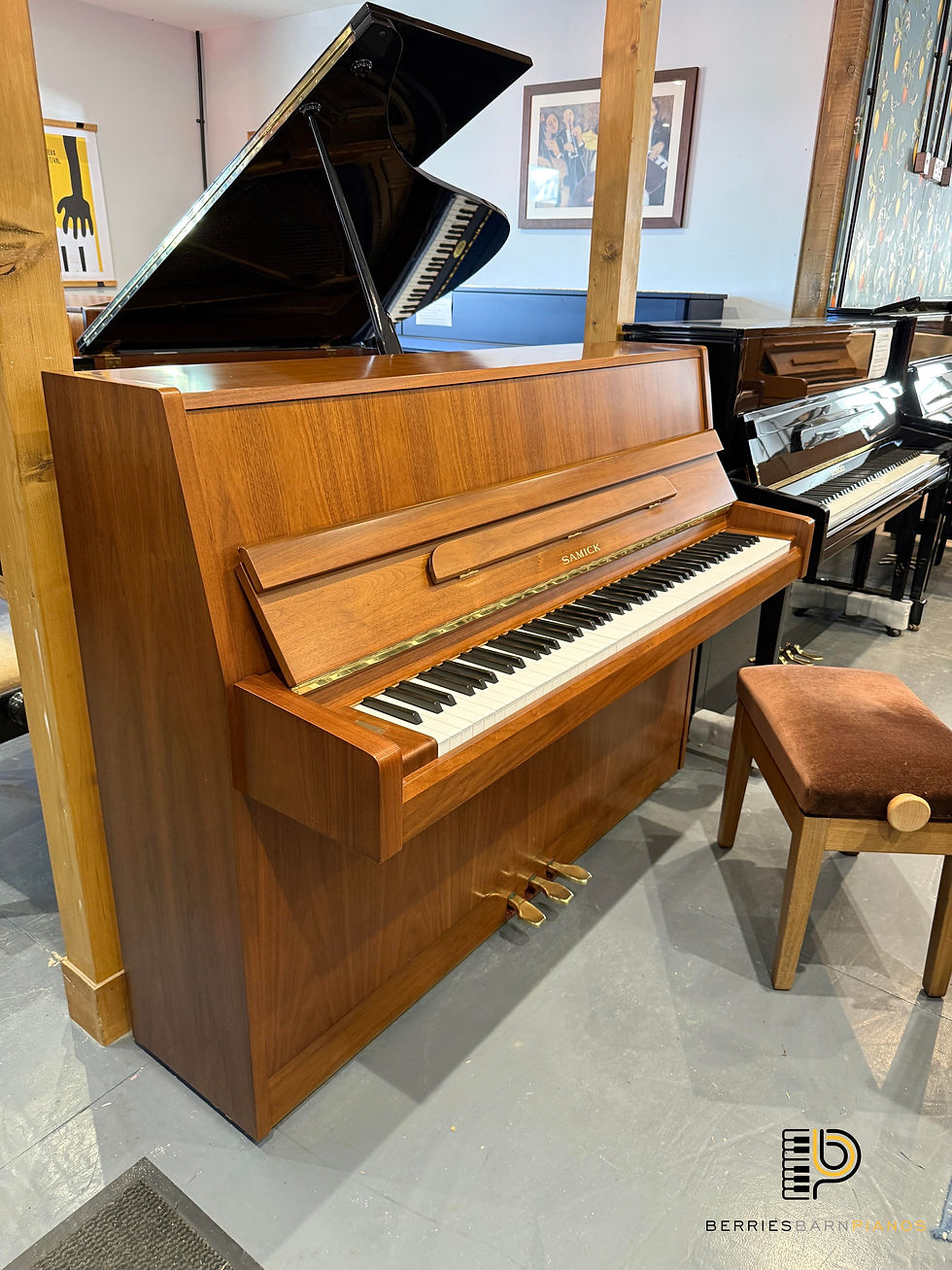 Samick JS-043 Small Modern Upright Piano in Light Walnut Satin