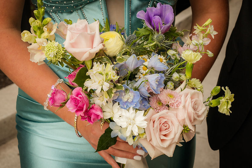 Close-up of a colorful prom bouquet during a Kentucky prom session.