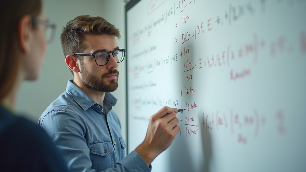 Close-up view of a math tutor explaining a problem on a whiteboard
