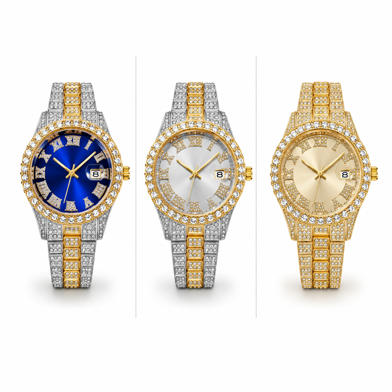 Silber-Gold Armbanduhr mit Strassverzierung und römischen Ziffern Unisex