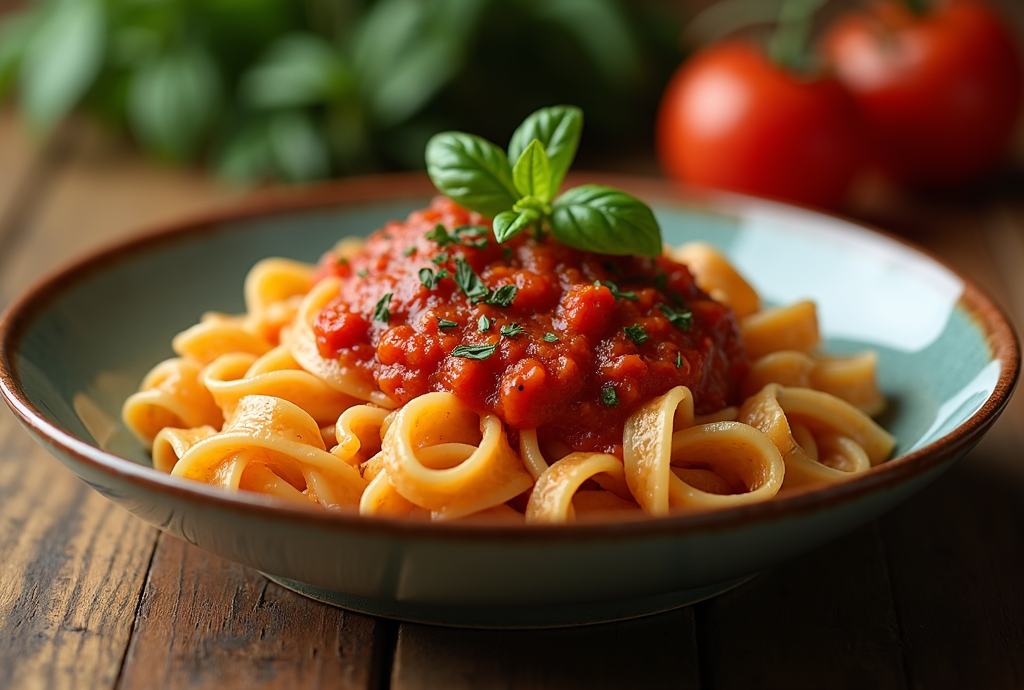 Bowl of pasta with tomato sauce and basil on a wooden table, with blurred tomatoes in the background.