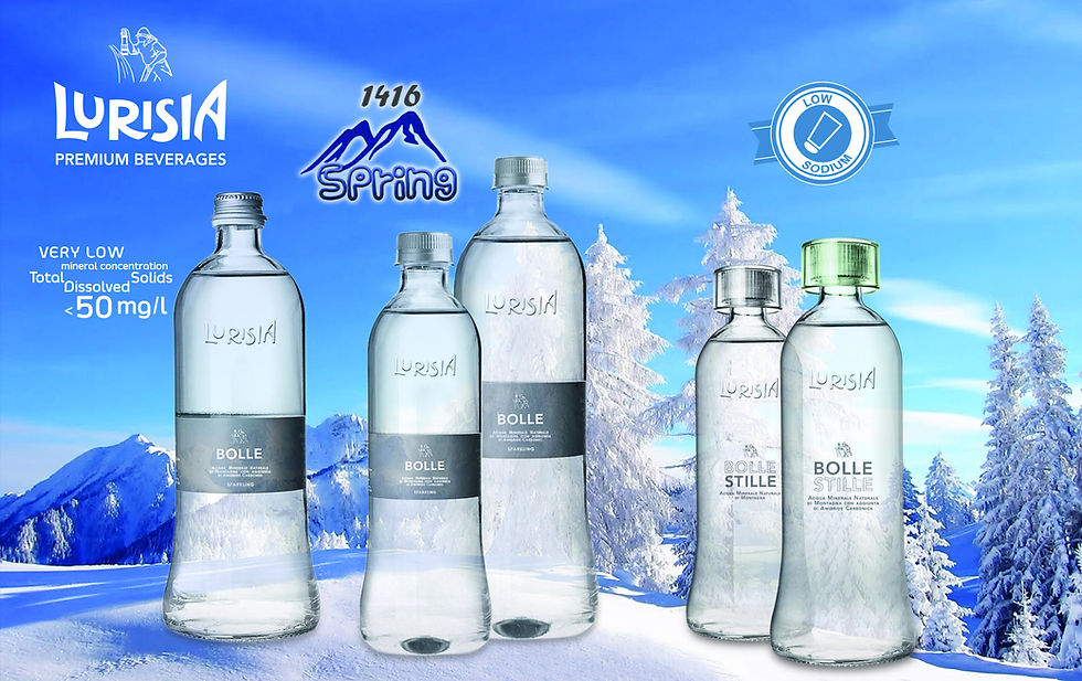 Five Lurisia water bottles on snowy mountain background. Text: "Very low mineral concentration, <50 mg/L." Blue sky, trees, low sodium emblem.