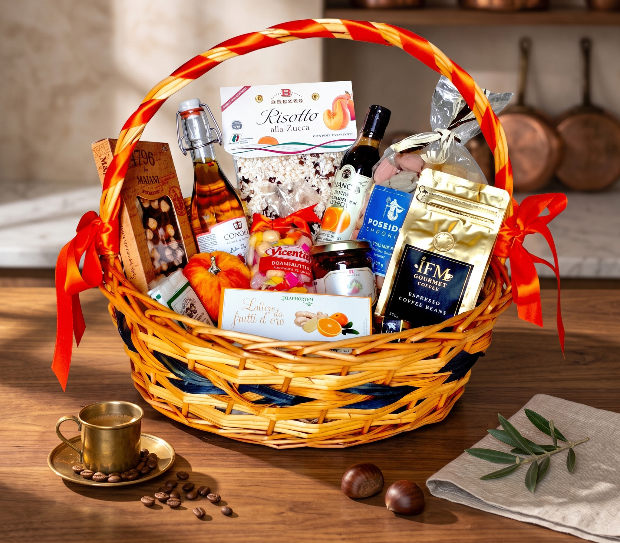 Gift basket of Italian foods and coffee with ribbons on a wooden table in a warm kitchen, with visible product labels.