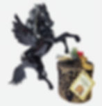 Glossy Murano Glass black rearing winged horse figurine beside a black-and-gold gift box with ribbon, berries, and a Panettone tag.