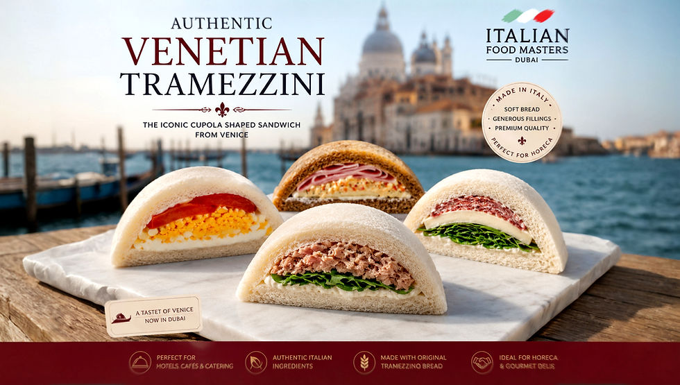 Ad for Authentic Venetian Tramezzini sandwiches on a board by Venice canal, with Italian Food Masters Dubai text and labels.