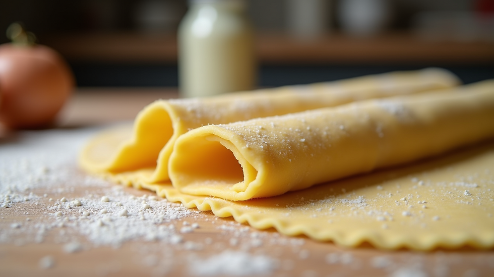 Close-up view of rolled pasta dough on wooden surface