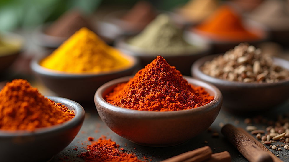 Eye-level view of assorted gourmet spices in small bowls