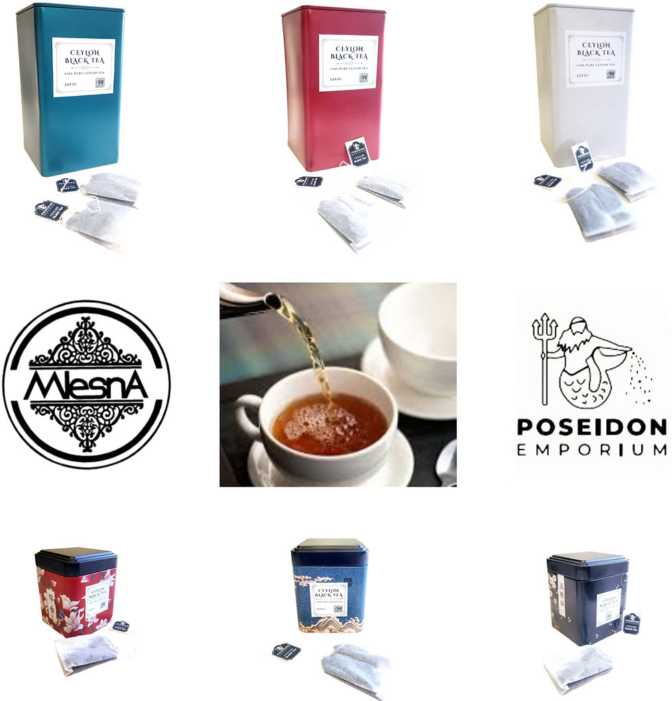 Tea tins in blue, red, and white with tea bags below. Central image of tea pouring into a cup. Logos for Mlesna and Poseidon Emporium.