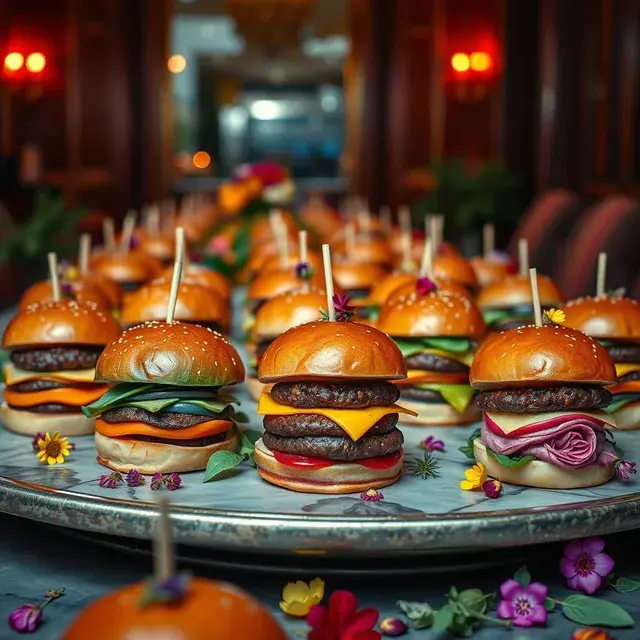 Close-up of mini burgers arranged on a tray, garnished with colorful flowers in a warm, elegant setting. Bright buns and vibrant toppings.