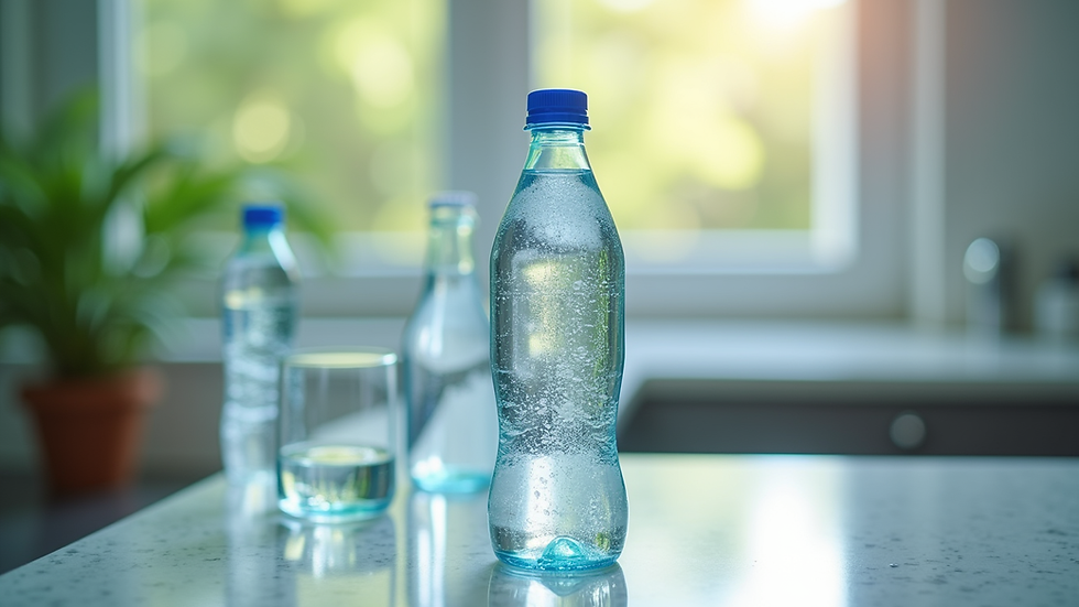 Close-up view of a clear glass bottle filled with premium spring water
