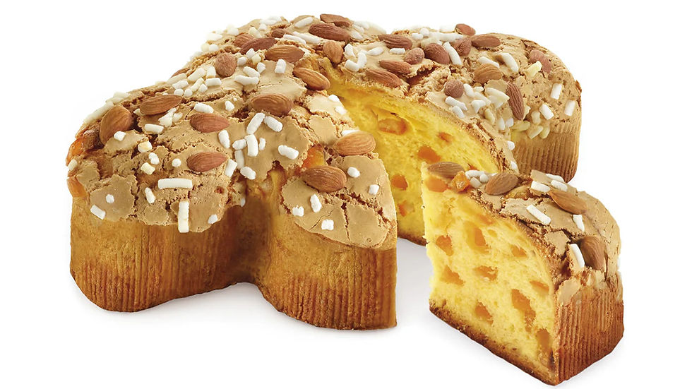 Oval-shaped Italian cake colomba with almonds and sugar on top, a slice cut to reveal a soft, yellow inside with candied fruit pieces.
