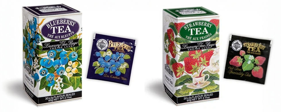 Blueberry and Strawberry tea boxes with floral designs. Blue packet has blueberries, red packet has strawberries. Luxurious mood.
