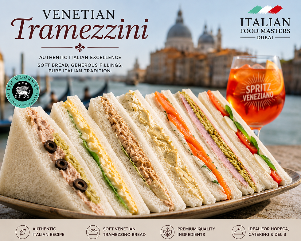 Tray of Venetian tramezzini sandwiches with a Spritz Veneziano, Venice canal backdrop, and Italian Food Masters Dubai branding.