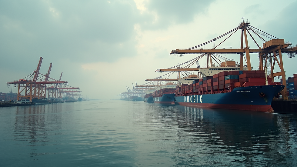 Wide angle view of a busy port showcasing modern shipping containers