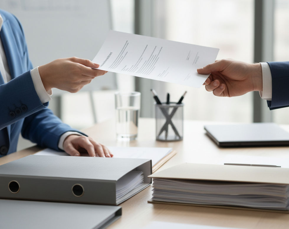 conference room with papers and files on the desk. Close photo of Caucasian female in a bl