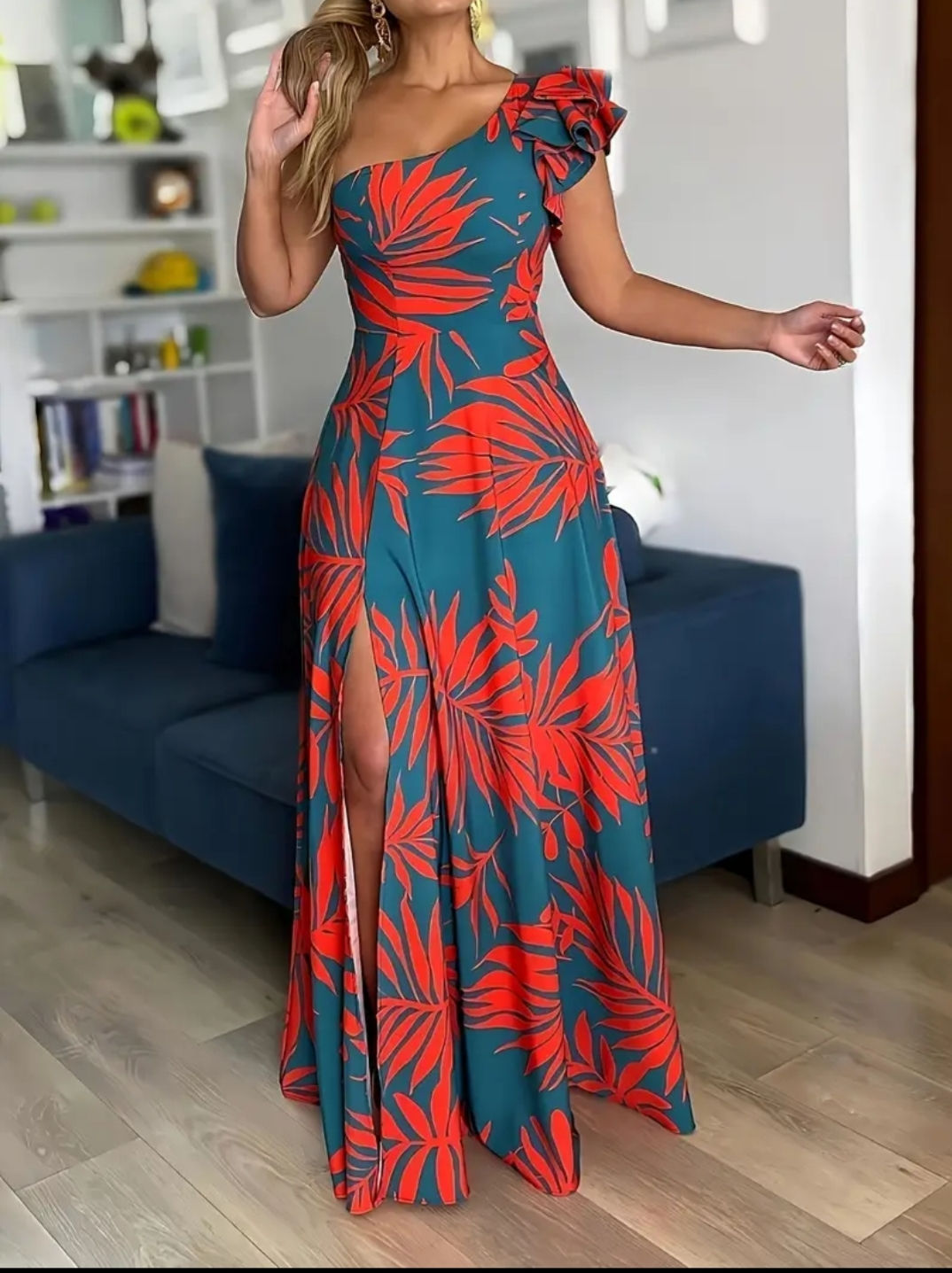 TROPİKAL DESEN TEK OMUZ  MAKSİ ELBİSE