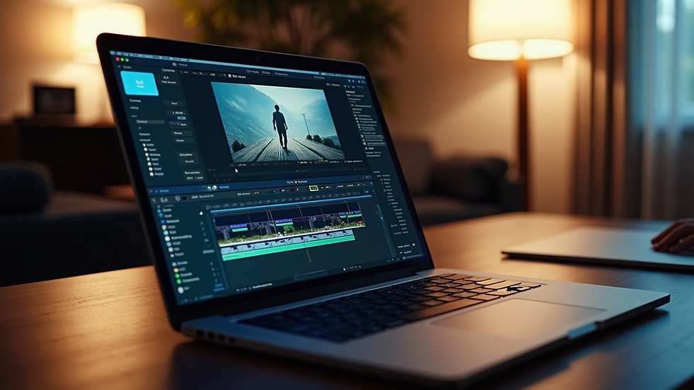 High angle view of a laptop screen showing video editing software interface