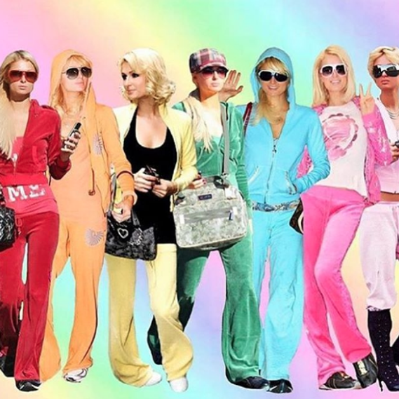 An image featuring Paris Hilton wearing a variety of different velour tracksuits.