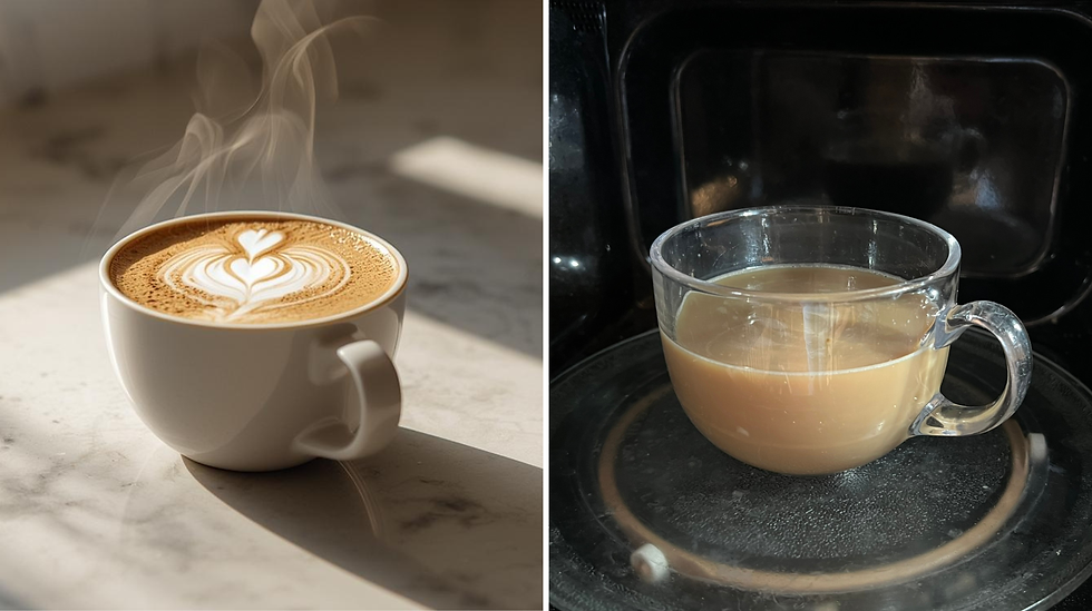 Expectation vs Reality, Motherhood style: Steaming latte with heart art in sunlit setting, left. Glass mug with beige drink in dark microwave, right.