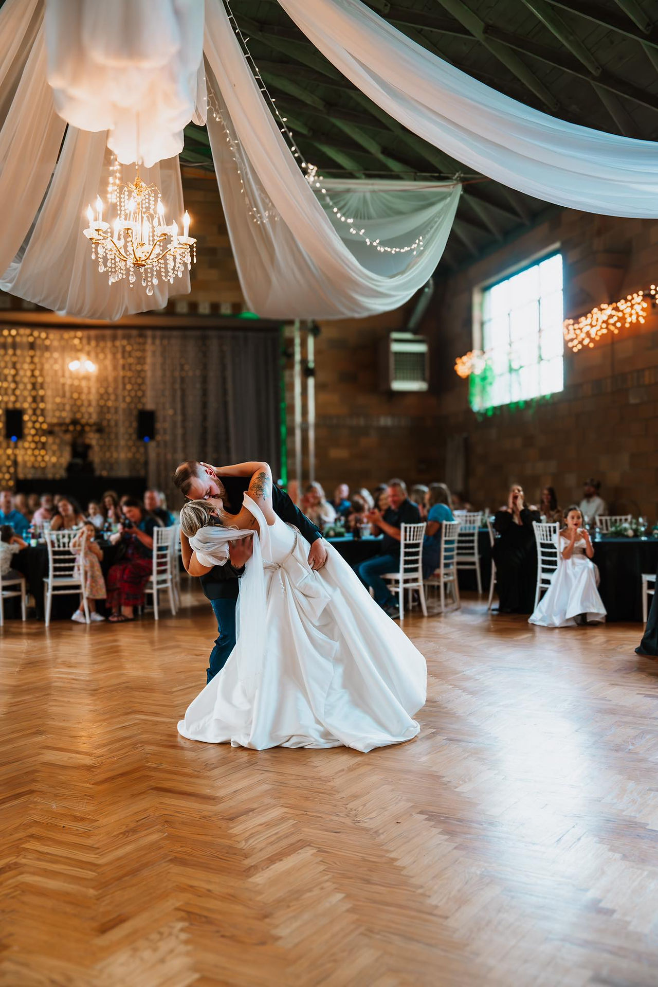 bride and groom dip  reception space wedding arcadia academy