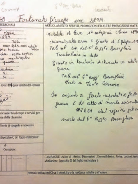 FOGLIO DI IMMATRICOLAZIONE BERSAGLIERE GIUSEPPE FORTUNATO