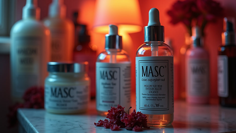 Close-up view of skincare products arranged neatly on a vanity