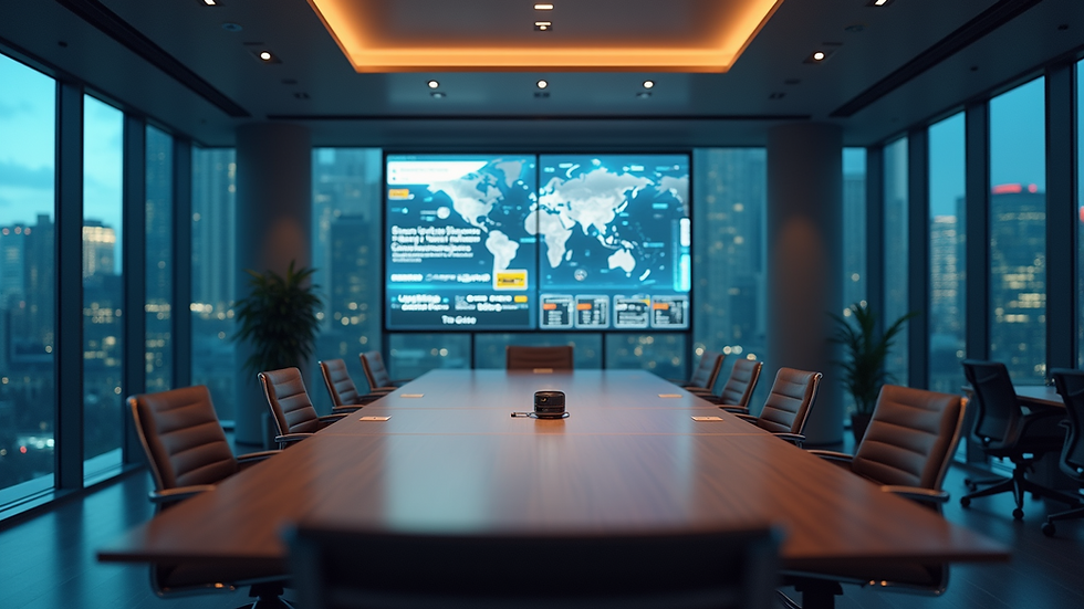 Wide angle view of a modern conference room setup with technology displays