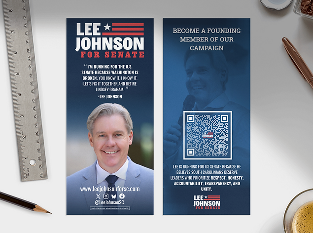 Mockup of a palm card with Lee Johnson's face made for an event