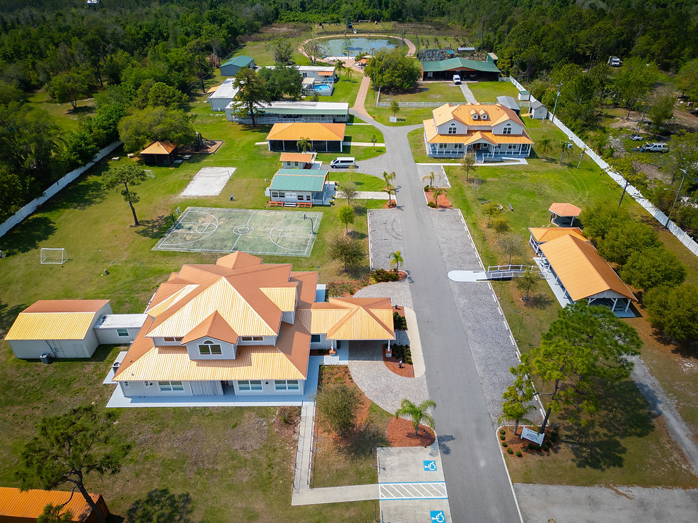 Eye-level view of a peaceful residential rehab facility surrounded by greenery