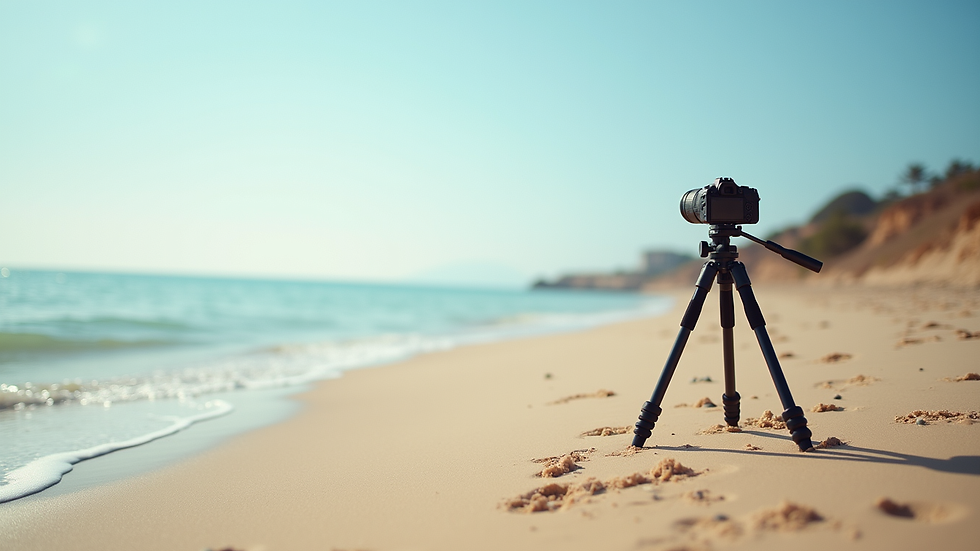 Wide angle view of a sandy beach with a camera tripod set up near the shoreline