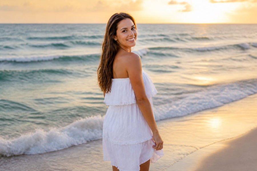 A woman standing at the water's edge during golden hour, looking back over her shoulder toward the camera with a natural smile, soft waves in the background