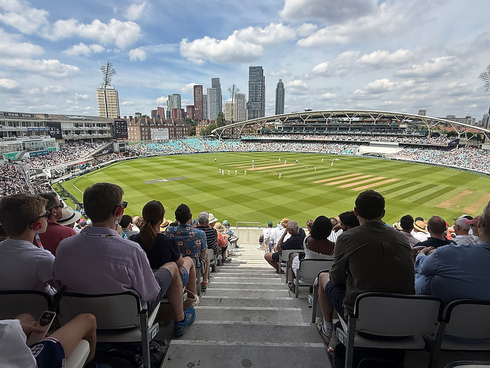 View from the Laker Balcony overlooking the cricket pitch at The Kia Oval during a Day 5 Test Match.